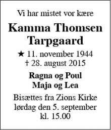 Dødsannoncen for Kamma Thomsen Tarpgaard - Esbjerg