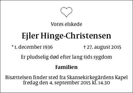 Dødsannoncen for Ejler Hinge-Christensen - Hillerød