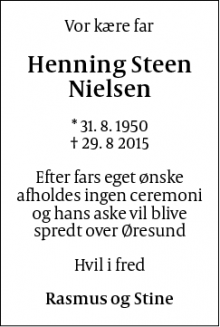 Dødsannoncen for Henning Steen Nielsen - København 