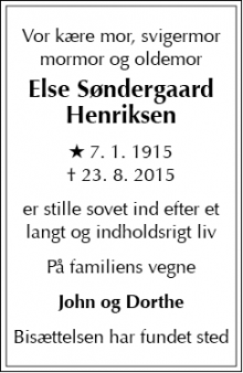 Dødsannoncen for Else Søndergaard Henriksen - Frederiksberg