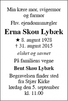 Dødsannoncen for Erna Skou Lybæk - Viby J