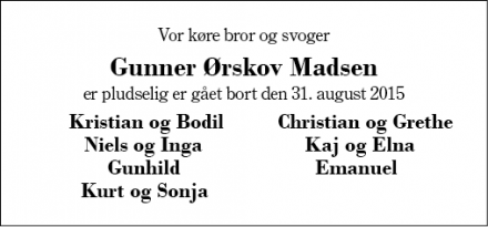 Dødsannoncen for Gunner Ørskov Madsen - Videbæk