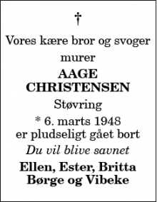 Dødsannoncen for Aage Christensen - 9230 støvring