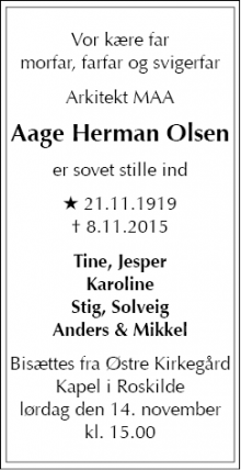 Dødsannoncen for Aage Herman Olsen - Skælskør