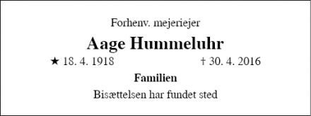Dødsannoncen for Aage Hummeluhr  - Middelfart