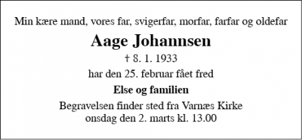 Dødsannoncen for Aage Johannsen - Felsted