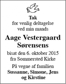 Dødsannoncen for Aage Vestergaard Sørensen - Kastvrå