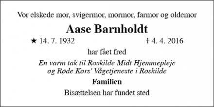 Dødsannoncen for Aase Barnholdt - Veksø Sjælland