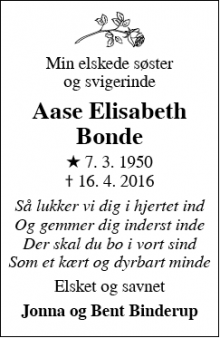 Dødsannoncen for Aase Elisabeth Bonde - Mariager