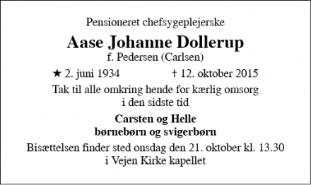 Dødsannoncen for Aase Johanne Dollerup - Vejen