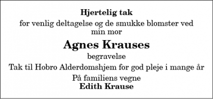Dødsannoncen for Agnes Krause - 8362 Hørning