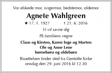Dødsannoncen for Agnete Wahlgreen - Gentofte