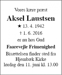 Dødsannoncen for Aksel Laustsen - Faarevejle