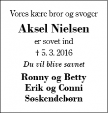 Dødsannoncen for Aksel Nielsen - Kibæk