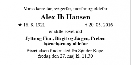 Dødsannoncen for Alex Ib Hansen - Kolding