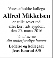 Dødsannoncen for Alfred Mikkelsen - Nr. Snede