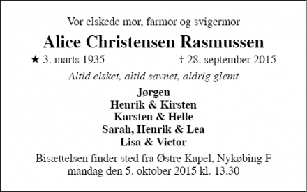Dødsannoncen for Alice Christensen Rasmussen - Hejls