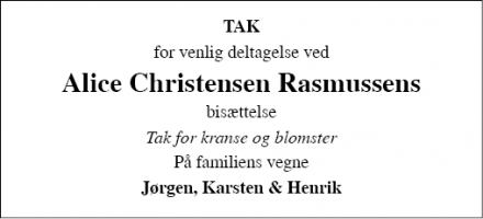 Dødsannoncen for Alice Christensen Rasmussens - Hejls