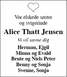 Dødsannoncen for Alice Thatt Jensen - Fåre