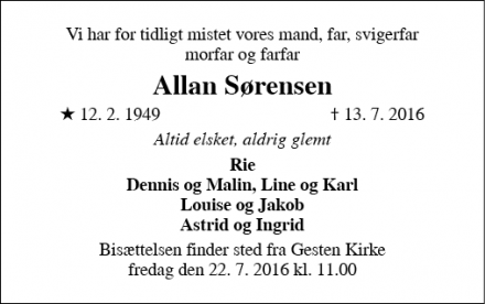 Dødsannoncen for Allan Sørensen - 6621 Gesten