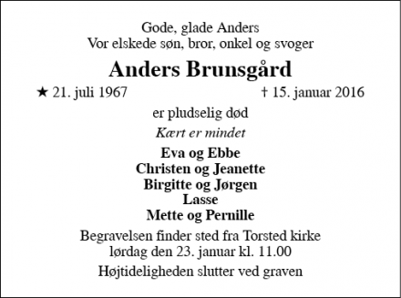 Dødsannoncen for Anders Brunsgård - Torsted