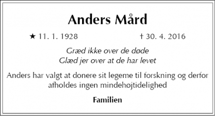 Dødsannoncen for Anders Mård - Dragør