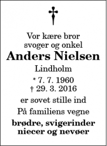 Dødsannoncen for Anders Nielsen  - Lindholm