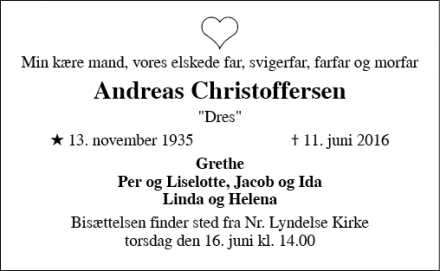 Dødsannoncen for Andreas Christoffersen - Nr. Lyndelse