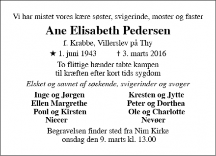Dødsannoncen for Ane Elisabeth Pedersen - Nim