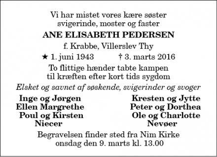 Dødsannoncen for Ane Elisabeth Pedersen - Nim