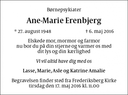 Dødsannoncen for Ane-Marie Erenbjerg - Frederiksberg