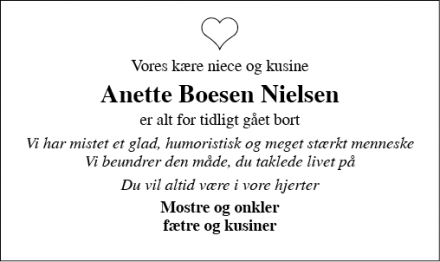 Dødsannoncen for Anette Boesen Nielsen - Tinglev