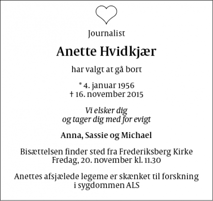 Dødsannoncen for Anette Hvidkjær - Frederiksberg
