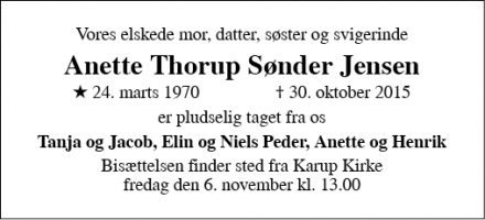 Dødsannoncen for Anette Thorup Sønder Jensen - Kølvrå