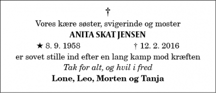 Dødsannoncen for Anita Skat Jensen - Hørby