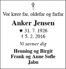 Dødsannoncen for Anker Jensen - grindsted