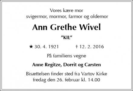 Dødsannoncen for Ann Grethe Wivel - København