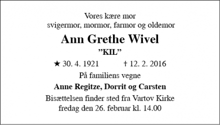 Dødsannoncen for Ann Grethe Wivel - København