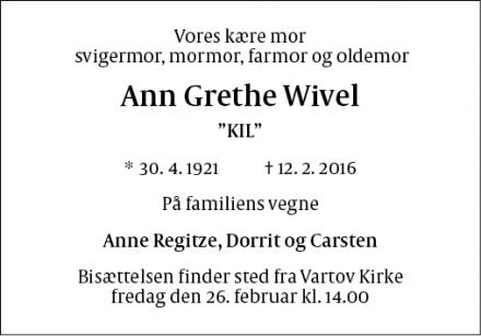 Dødsannoncen for Ann Grethe Wivel - København