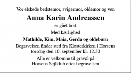 Dødsannoncen for Anna Karin Andreassen - Horsens