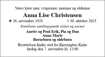 Dødsannoncen for Anna Lise Christensen - Bjerringbro