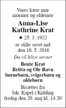 Dødsannoncen for Anna-Lise Kathrine Krat - Kolding