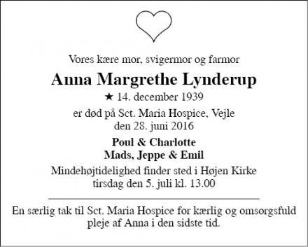 Dødsannoncen for Anna Margrethe Lynderup - Vejle