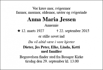 Dødsannoncen for Anna Maria Jessen - 6310 Broager
