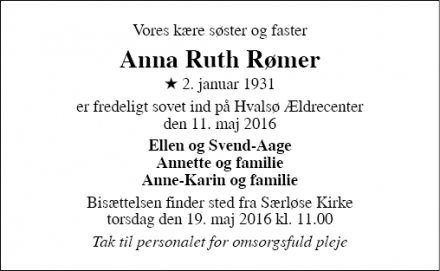 Dødsannoncen for Anna Ruth Rømer - Hvalsø