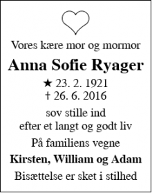 Dødsannoncen for Anna Sofie Ryager - Rødovre