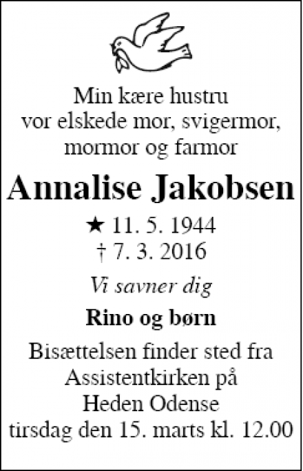 Dødsannoncen for Annalise Jakobsen - Nr. Broby 5672
