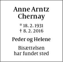 Dødsannoncen for Anne Arntz Chernay - Frederiksberg