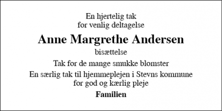 Dødsannoncen for Anne Margrethe Andersen - Anne Margrethe Andersen