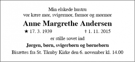 Dødsannoncen for Anne Margrethe Andersen - Hårlev
